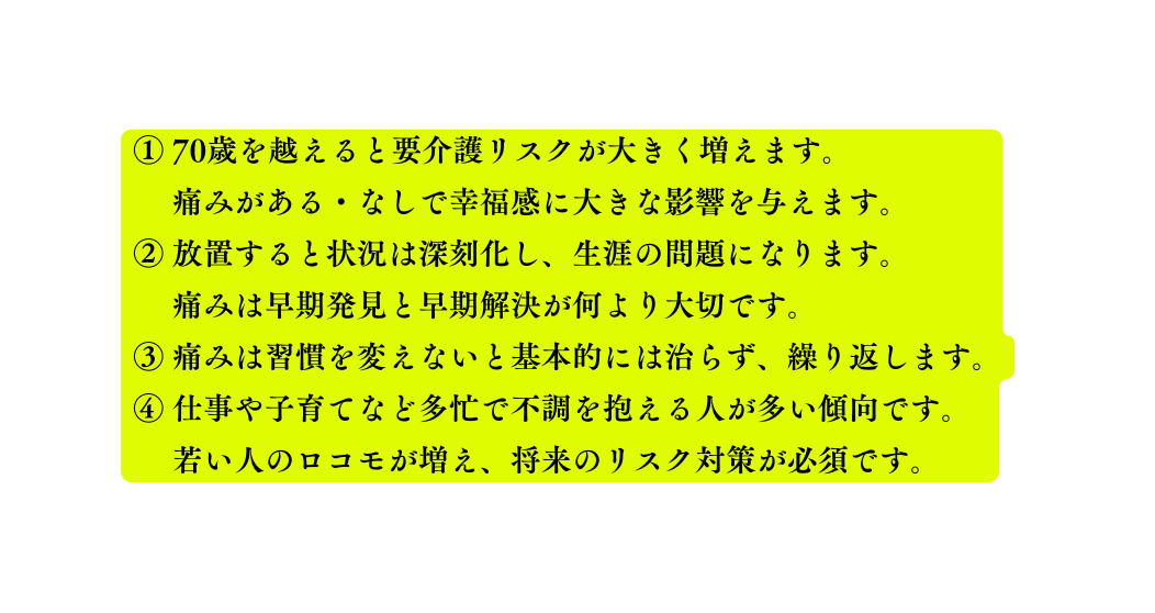 70歳を越えると要介護リスクが大きく増えます 痛みがある なしで幸福感に大きな影響を与えます 放置すると状況は深刻化し 生涯の問題になります 痛みは早期発見と早期解決が何より大切です 痛みは習慣を変えないと基本的には治らず 繰り返します 仕事や子育てなど多忙で不調を抱える人が多い傾向です 若い人のロコモが増え 将来のリスク対策が必須です